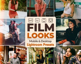 May include: A collage of nine images with a retro film aesthetic. The central image features the text "FILM LOOKS" and "Mobile & Desktop Lightroom Presets". The bottom text reads "90 FILM PRESETS". The images showcase various people and scenes.
