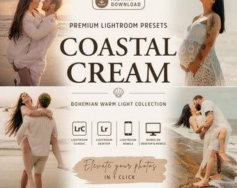 Presets Lightroom Coastal Cream - Filtros Playa y Boda Boho - Tonos Beige Cálidos para Maternidad y Lifestyle - Móvil y Escritorio