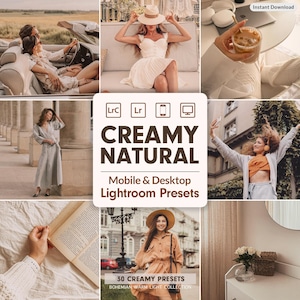 Puede incluir: Un collage de imágenes de estilo de vida con una estética cálida y cremosa. Las imágenes incluyen una pareja en un descapotable, una mujer con un vestido blanco, una persona sosteniendo una bebida y una mujer tomándose una selfie. El texto en la imagen dice "CREAMY NATURAL" y "Mobile & Desktop Lightroom Presets."