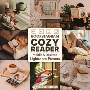 Puede incluir: Un collage de imágenes con libros, tazas y ambientes acogedores. La imagen central muestra el texto "BOOKSTAGRAM COZY READER" con "Mobile & Desktop Lightroom Presets" debajo. Otras imágenes muestran libros, café y decoración otoñal.