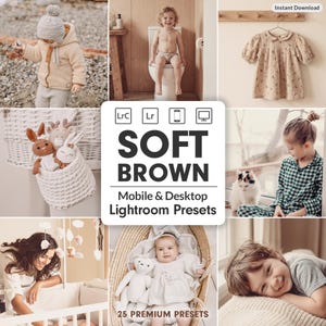 Könnte beinhalten: Eine Collage von Lifestyle-Bildern mit einer weichen, warmen Ästhetik. Die Bilder zeigen ein Kind in einem beigen Outfit, ein Kind auf einer Toilette, ein Kleid, einen Korb mit Stofftieren, ein Mädchen mit einer Katze, ein Baby in einer Babywiege und ein lächelndes Kind. Der Text "SOFT BROWN" wird angezeigt.