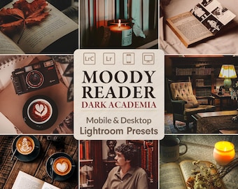ダークアカデミアLightroomプリセット：25種類のムーディーブックフィルター、モバイルデスクトップBookstagramゴシックバーガンディ