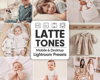 May include: A collage of lifestyle images featuring children, babies, and clothing. The central image displays the text "LATTE TONES" with "Mobile & Desktop Lightroom Presets" below. The bottom right corner shows "30 LIGHTROOM PRESETS".