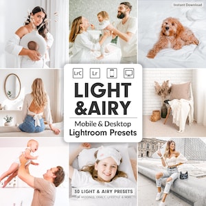 以下が含まれることがあります： 明るく爽やかな雰囲気のライフスタイル写真のコラージュ。家族、犬、女性の写真が含まれています。画像には「LIGHT & AIRY」と「Mobile & Desktop Lightroom Presets」という文字が書かれています。また、「30 LIGHT & AIRY PRESETS」と「Instant Download」という文字も記載されています。