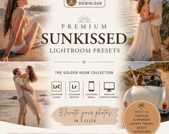 Presets Lightroom Sunkissed: Filtro Golden Hour, Look Analógico Cálido para Bodas, Viajes y Parejas, Móvil y Escritorio