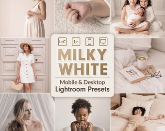 May include: A collage of images with a milky white theme. The images include a pregnant person, a baby's hand, children with a newborn, a person in a white dress, a child in a bathtub, and a child on a bed. The text "MILKY WHITE" is displayed.