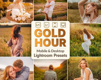 May include: A collage of images featuring people in outdoor settings, bathed in warm sunlight. The central image displays the text "GOLD HOUR" with "Mobile & Desktop Lightroom Presets" below. The bottom right corner reads "30 PREMIUM PRESETS".