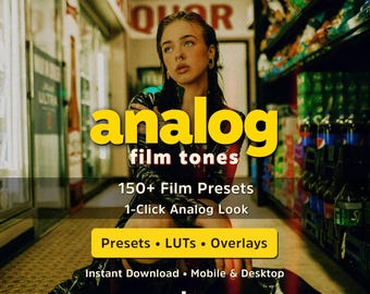 150種類以上のアナログフィルムLightroomプリセット：デスクトップ、モバイル、ビンテージレトロ、ムードのある粒状フィルター、シネマティックLUT、ライトリークバンドル