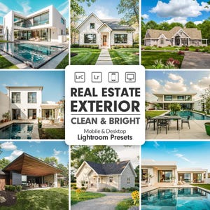 Peut inclure: Un ensemble de préréglages Lightroom pour la photographie immobilière, conçus pour créer des images nettes et lumineuses de prises de vue extérieures de maisons. Les préréglages sont compatibles avec les versions mobile et ordinateur de Lightroom.
