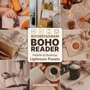 Könnte beinhalten: Eine Collage von Bildern mit einem gemütlichen, böhmischen Thema. Die Bilder zeigen offene Bücher, Kaffeetassen, Blumen und dekorative Gegenstände. Der Text in der Mitte lautet "BOOKSTAGRAM BOHO READER Mobile & Desktop Lightroom Presets" mit "30 PREMIUM PRESETS" unten.