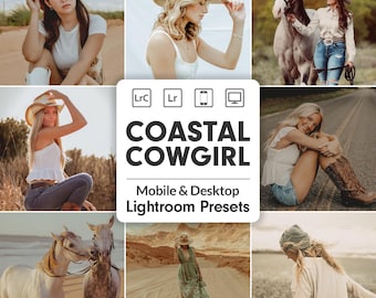 30種類の沿岸カウガール風Lightroomプリセット、モバイル＆デスクトップフィルター、温かみのあるウエスタン調、ビーチ風ボヘミアンサマーIG編集