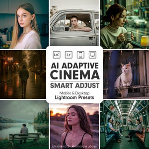 Può includere: Un collage di immagini a tema cinematografico. Le immagini includono una donna in macchina, una persona che cammina sotto la pioggia, un gatto e persone su un treno. Il testo sull'immagine recita "AI ADAPTIVE CINEMA SMART ADJUST Mobile & Desktop Lightroom Presets."