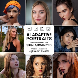 Può includere: Un collage di ritratti di persone diverse. L'immagine include il testo "AI Adaptive Portraits" e "Skin Advanced" con icone per Lightroom e dispositivi mobili. I ritratti mostrano varie tonalità della pelle e stili.