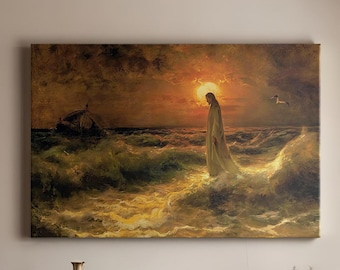 May include: An oil painting depicts a figure in white robes walking on water towards a setting sun. The artwork, set in a gold and brown palette, hangs above a dark wooden desk with a green armchair. A bookcase and window with white curtains are also visible.