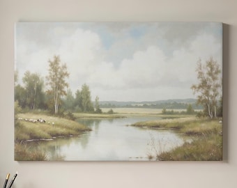 Vintage Nature Canvas Print | Calming Meadow Art | Large Canvas Art | Rolling Hills Artwork | Peaceful Landscape Scene | Rustic Wall Art