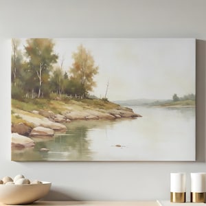 Nature Wall Art | Rustic Canvas Art | Peaceful Landscape Print | Calm Lake Painting | Large Canvas | Neutral Wall Decor | Tranquil Scenery