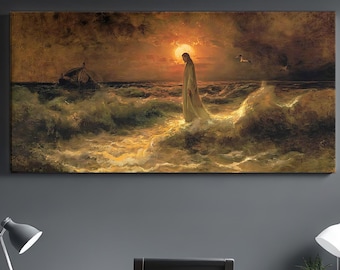 Christ Walking on Water Canvas Print | Julius von Klever Painting, Christian Wall Art