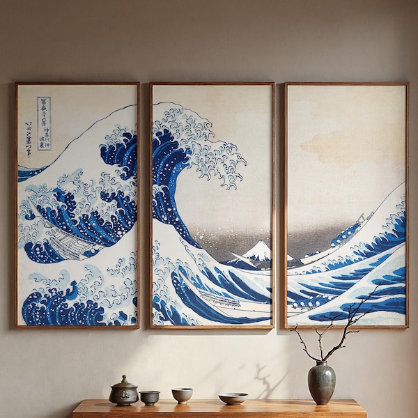Pintura em tela Ondas de Hokusai | Grande pintura náutica emoldurada em 3 painéis