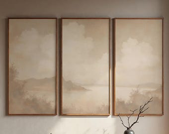 Tríptico abstracto en tonos tierra para pared / Juego de 3 lienzos neutros