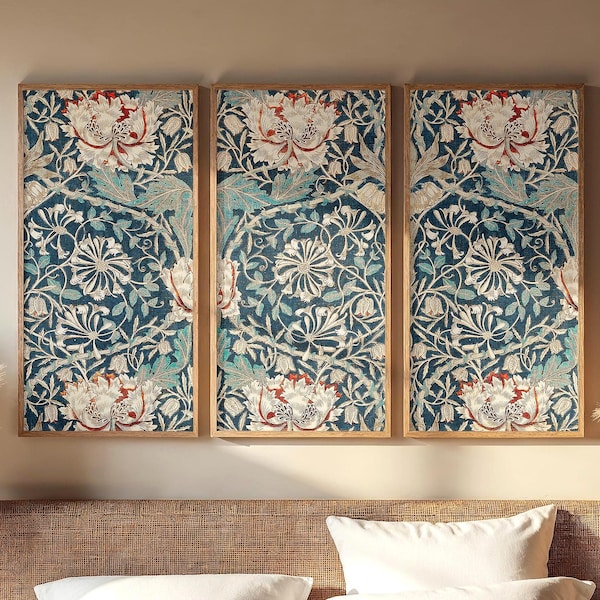 Impressão em tela floral de William Morris | Padrão de madressilva, moldura de carvalho de 3 painéis