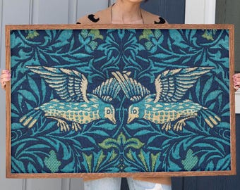 Framed Bird Tapestry Wall Art | Blue Green Botanical Print