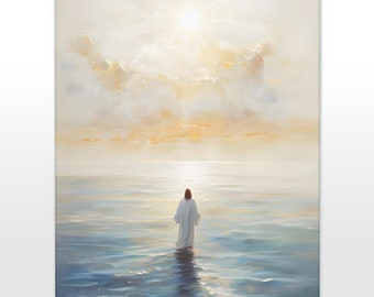 May include: A painting of a person in a white robe walking on water towards a bright light in the sky. The water is a light blue color and the sky is a light yellow color.