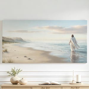 Cuadro de pared con la imagen de Jesús en la playa / Decoración cristiana costera de gran tamaño