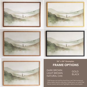 May include: A framed watercolor landscape print, 36 x 24 inches, featuring a person and dog near a lake. Frame options include dark brown, light brown, natural oak, gold, and black. The artwork depicts a serene outdoor scene.