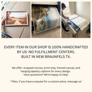 May include: The image showcases the creation of handcrafted art pieces. It includes a framed landscape painting, a large-format printer producing a canvas print, and a person working on a canvas frame. Text states: "EVERY ITEM IN OUR SHOP IS 100% HANDCRAFTED BY US."