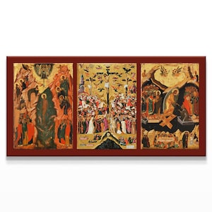 Orthodox Icon Wall Art | Harrowing of Hell Icon Canvas | Baptism of Jesus Christ Icon | Crucifixion Icon | Prayer Corner Triptych Icon |