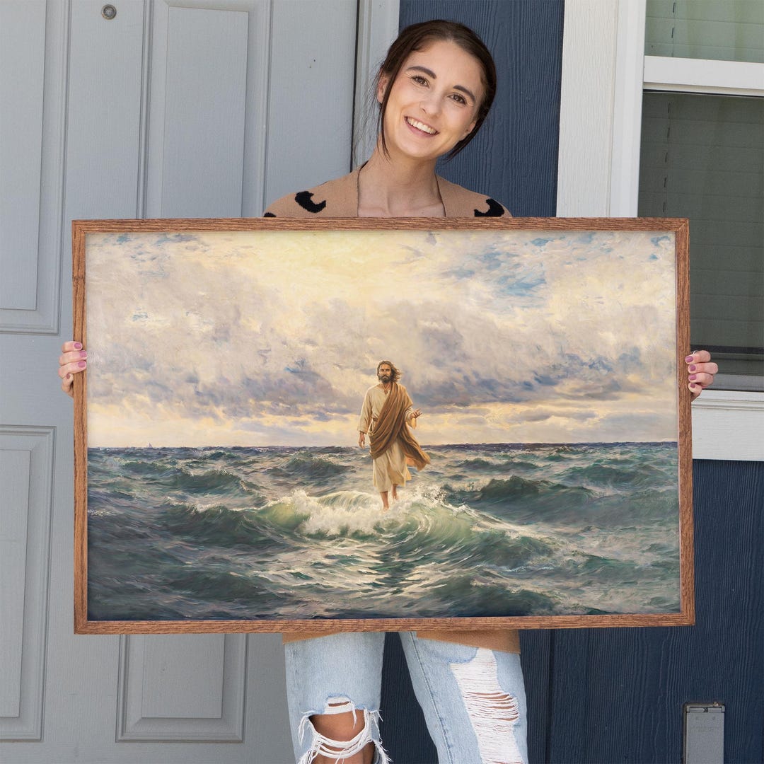 Jesus Walking on Water Canvas Print, Oak Wood Frame, Christian Wall Art ...