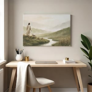 Psalm 23 Quiet Waters Canvas | Scripture Wall Art  | Jesus and His Sheep Artwork | Faith Inspired Home Decor | Christian Shepherd