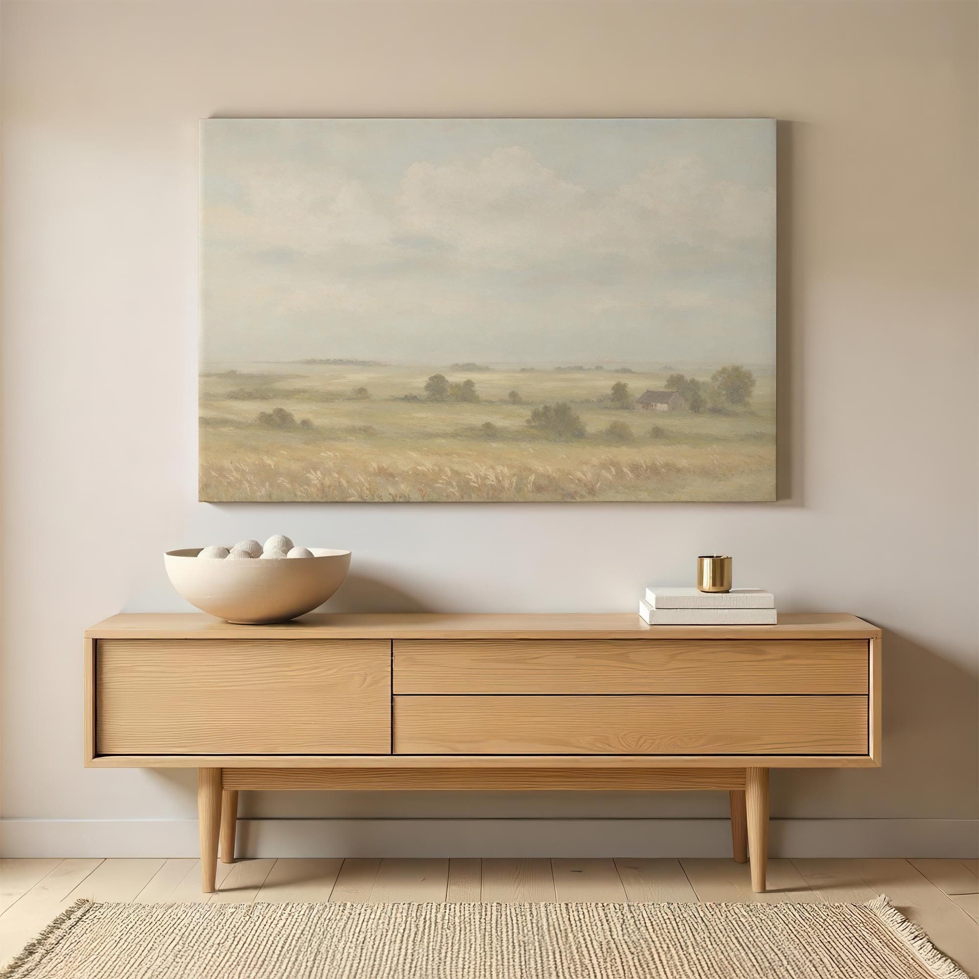 Extra Large Canvas | Vintage Landscape Print | Minimalistic Farmhouse Wall Art | Peaceful Landscape Painting Wall Decor