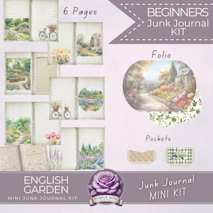 May include: A digital junk journal kit with an English garden theme. The kit includes 6 pages, a folio, and pockets. The pages feature watercolor illustrations of gardens, flowers, and bicycles. Text includes "Beginners Junk Journal Kit" and "English Garden Mini Junk Journal Kit."
