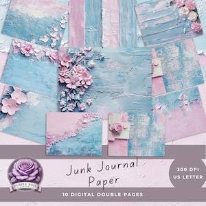 Roze en blauw papier met textuur, digitaal afdrukbaar papier, blush roze, hemelsblauw, pastel met bloemen, ambachten, papier mixed media, Art Junk Journal