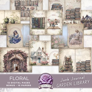 Gartenbibliothek Junk Journal Seiten & Papiere, Printable Digital für Buchliebhaber mit Blumen und Büchern, Art Journal, Mixed Media