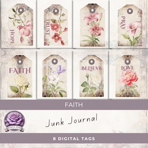 Tags FAITH Junk Journal DIGITAL, Afdrukbaar op FAITH geïnspireerd vintage papier met bloemen, knutselen, Gemengde techniek, christelijk