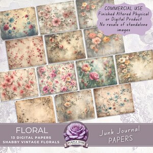Schäbige Vintage Papiere | Floral Junk Journal Seiten | Blau Rosa Beige | Druckbares digitales verblasstes gefärbtes strukturiertes Papier | Basteln