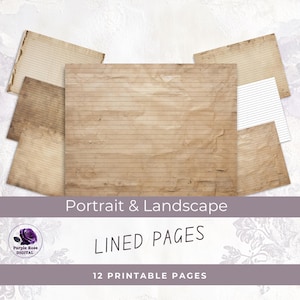 Lined Papers Digital Printable, Junk Journal, Ruled, Landscape, Portrait, Plain, White, Neutral, Dyed, Vintage Pages, 8.5 x 11