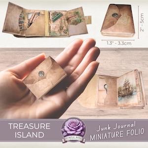 Die Treasure Island Mini Junk Journal Folio | Komplettes Miniatur Kit mit Folio Cover, Pages, Taschen und Ephemera | Minipackung