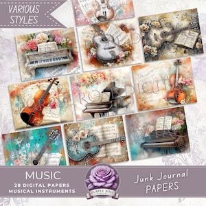 Musikinstrumente Junk Journal Papiere | MUSIK vintage Papier zum Ausdrucken mit Blumen und Noten | Kunsthandwerk, Mixed Media