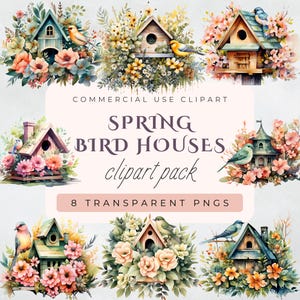 Zestaw clipartów Spring Birdhouse PNG | Ilustracje domków dla ptaków Floral Cottagecore | Przezroczyste tło | Cyfrowe pobieranie do użytku komercyjnego