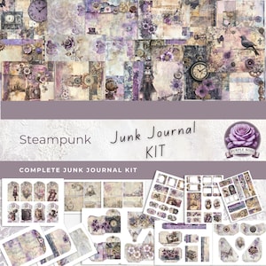 KIT Steampunk Junk Journal DIGITAL, morado suave y romántico, KIT imprimible, manualidades, Steampunk Art Journal, papel de técnica mixta, floral