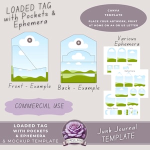 Modelo de TAG CARREGADO com modelo de MOCKUP | Etiqueta de diário de lixo com local de dobra | Vários bolsos e itens efêmeros | Molduras Canva Arraste e solte