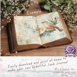 Seiten Junk Journal DIGITAL, Vögel & Blumen, Pfirsich Töne, texturiertes Papier, Basteln, Art Journal, Floral, Mixed Media Papier