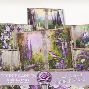 Secret Garden V2 Junk Journal DIGITAL bedruckbare Doppelseiten mit Blumen, lavendel lila, Handwerk, Mixed Media Papier, Vintage, strukturiert