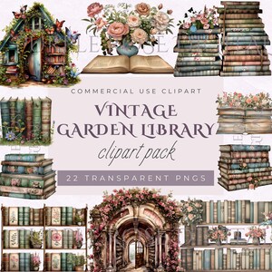 Garten Bibliothek Clipart | Buch Liebhaber Clipart Floral Pack | Transparente Hintergründe PNG | Bonus Hintergrundpapiere | Sofort Download