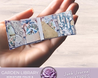 May include: A miniature folio journal with floral and book-themed patterned paper. The open journal reveals pockets and decorative elements. The text "Garden Library Miniature Folio & Journal" and "Junk Journal Miniatures" are visible.