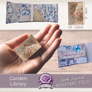 Tuinbibliotheek Mini Junk Journal Folio | Complete miniatuurset met folioomslag, pagina's, uitvouwbaar folio, vakken en tijdelijke verschijnselen | Minipakket