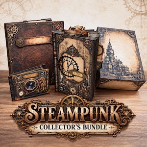 Puede incluir: Una colección de artículos de papel en tonos marrón y bronce que incluye un libro grande, un libro pequeño con un reloj, un folleto con forma de cámara y una caja con una torre de reloj, con el texto STEAMPUNK COLLECTOR'S BUNDLE.